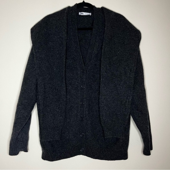 Zara 100% Wool Oversized Preppy Knotted Charcoal Grey Warm Cozy Sweater Cardigan - Picture 7 of 12
